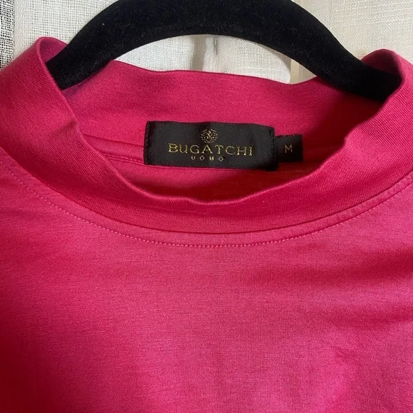 Men’s Bugatchi High Neckline Short Sleeve 100% Cotton Pink Medium - Picture 3 of 15